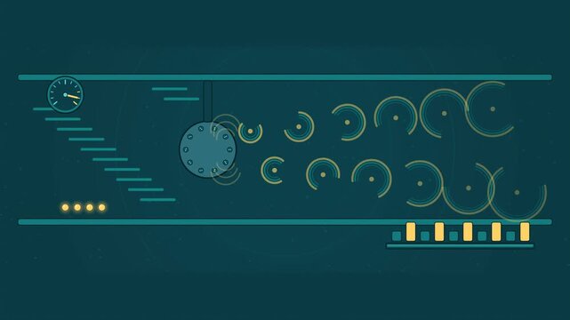 Abstract animated vortices shedding behind a cylinder drawn as cyan and teal lines and shapes on a deep dark background. Seamless looping 4K motion graphics video with free space for text, ideal for s