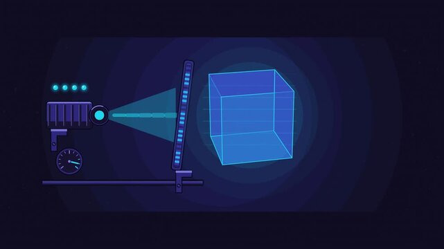 Abstract animated hologram reconstructing under coherent light drawn as blue and cyan lines and shapes on a deep dark background. Seamless looping 4K motion graphics video with free space for text, id
