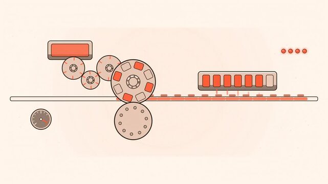 Abstract animated ink transferring through a rotary press drawn as coral and magenta lines and shapes on a bright, clean light background. Seamless looping 4K motion graphics video with free space for