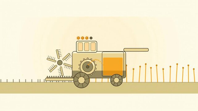 Abstract animated combine threshing its way down a row drawn as yellow and gold lines and shapes on a bright, clean light background. Seamless looping 4K motion graphics video with free space for text