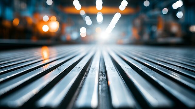 Long, dark, sleek, polished wood surface receding into a blurred, luminous, bokeh-filled, urban background, demonstrating a perspective concept