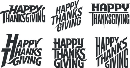 Obraz premium A collection of artistic black and white typography designs featuring the phrase happy thanksgiving day for seasonal holiday greeting cards