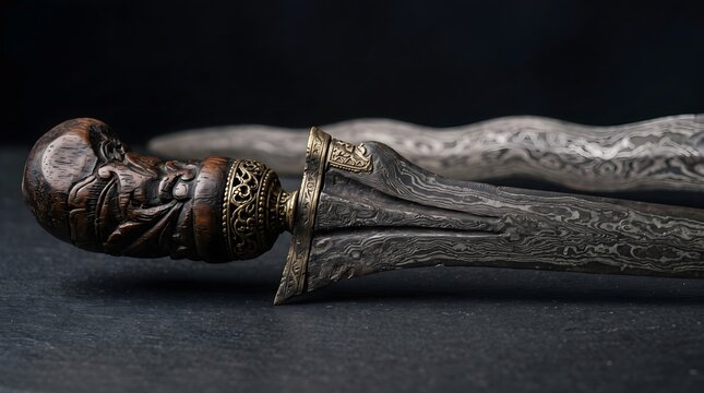Detailed keris study highlighting pamor, forged metal and traditional craftsmanship, created for museum catalogues, cultural publishing, artisan promotion, and heritage storytelling.