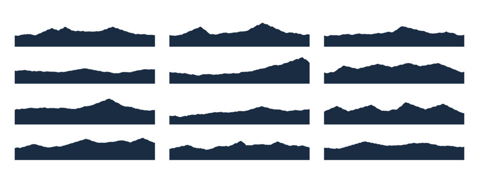 Twelve horizontal mountain ridge silhouettes with rocky peaks