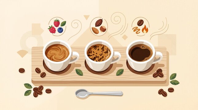Three espresso cups presented as a stylish coffee tasting flight with varied crema patterns, beans and flavor accents in sophisticated flat illustration.