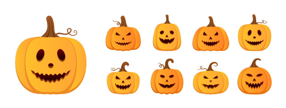 Set of eight Halloween pumpkins with various spooky and happy expressions