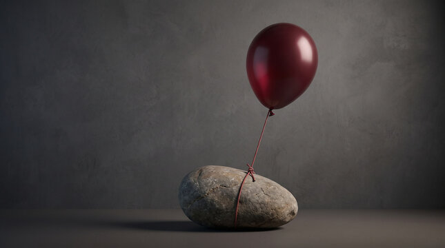 Red balloon tied to heavy rock representing financial inflation burden and business struggle metaphor