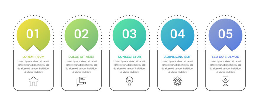 Infographic flow chart template, featuring five vertical options or steps with colorful circle badges and text placeholders