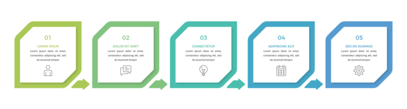 Horizontal process flow infographic template featuring five numbered square blocks connected by small arrows