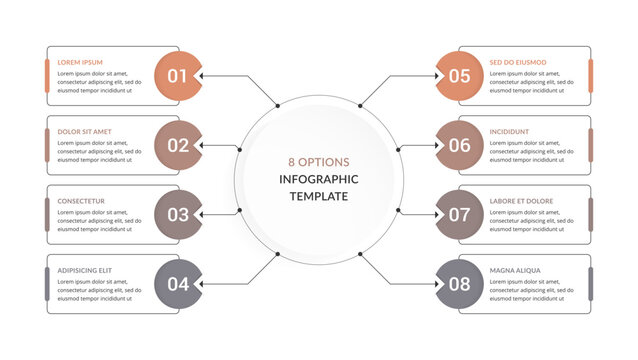 Mind map or flow chart infographic template with central circle connected to eight elements