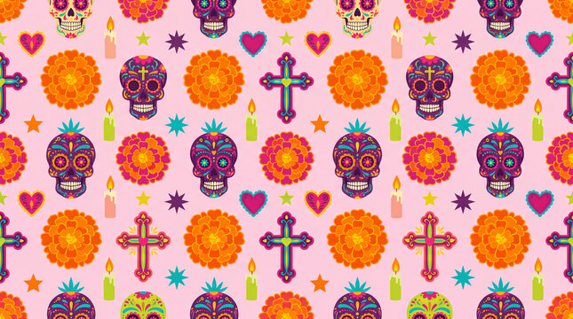 Sweet Day of the Dead pattern background with marigolds, sugar skulls, candles, crosses, hearts and stars for greeting cards and invitations.