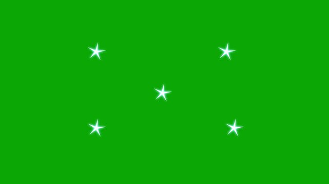 Twinkling star sparkle animation, glowing white stars, glitter shine effect, magical light trails, blinking cartoon stars, 2d doodle style, seamless loop, loop, green background, 4k