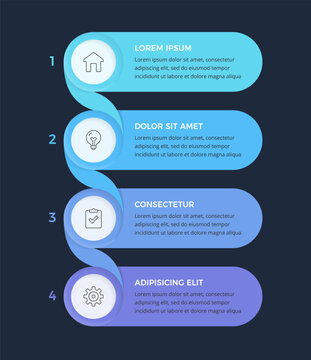 Infographic template featuring four numbered rounded rectangular banners connected by a twisting ribbon on a dark background