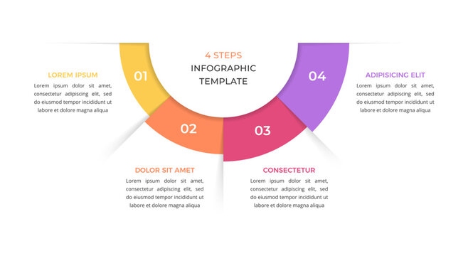 Infographic template with four numbered segments arranged in a semicircular arc, suitable for organizing sequential steps or categorized information