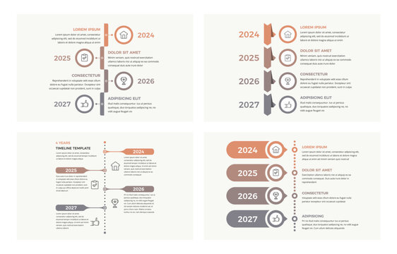 Four year timeline infographic template with dated panels connected along a vertical line in four layout variants. Use for annual milestone, project phase, or year-by-year plan content