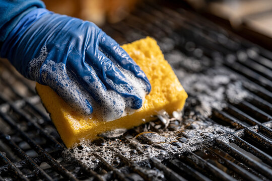 Gloved hand scrubbing a dirty metal grill with a soapy yellow sponge. Great for home improvement and deep cleaning advertisements.