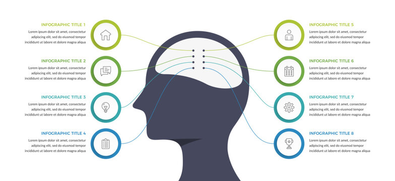 Infographic template with eight elements connected to the head by radiating lines