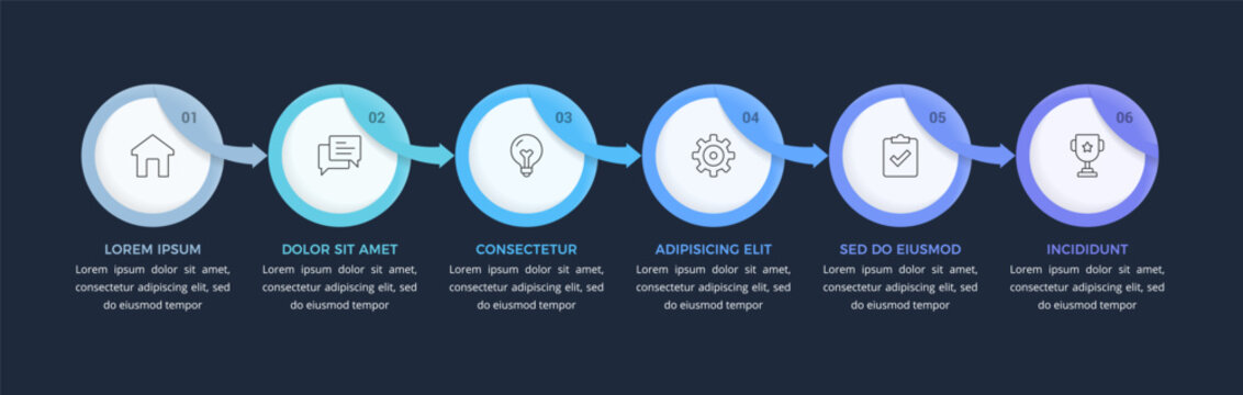 Horizontal process infographic template with six circular elements connected by arrows, useful for business, data visualization, and workflow management. Dark background