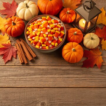 Autumn halloween still life with pumpkins candy corn and a vintage lantern on wood