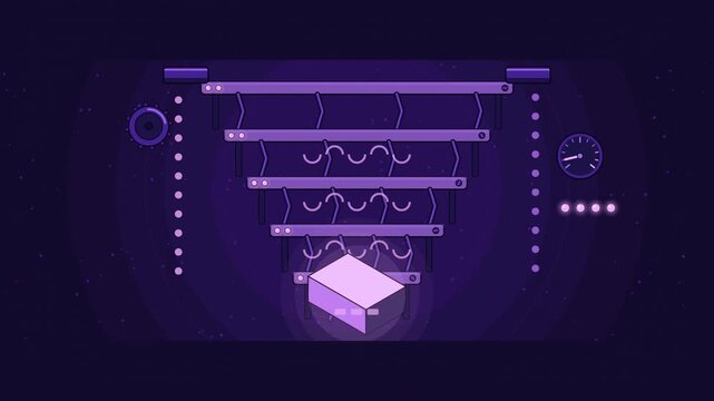Abstract animated cryostat cooling down through its stages drawn as violet and blue lines and shapes on a deep dark background. Seamless looping 4K motion graphics video with free space for text, idea