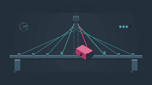 Abstract animated load tracing down the stays of a bridge drawn as blue and cyan lines and shapes on a deep dark background. Seamless looping 4K motion graphics video with free space for text, ideal f