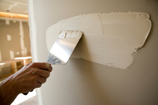 Professional plasterer hand applying joint compound drywall wall surface renovation photo