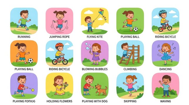A collection of colorful cartoon illustrations featuring diverse children engaging in various outdoor activities like cycling playing sports and enjoying nature in the