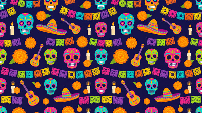 Traditional Day of the Dead pattern background with sugar skulls, marigolds, sombreros, guitars, candles and papel picado for prints and cards.