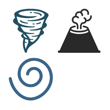 Natural disaster icons set, minimalist tornado and volcano symbols, weather and geology graphic elements isolated on White Background icon bundle