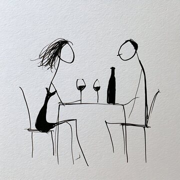 Minimalist Ink Sketch of Romantic Couple Having Dinner and Drinking Wine on Date