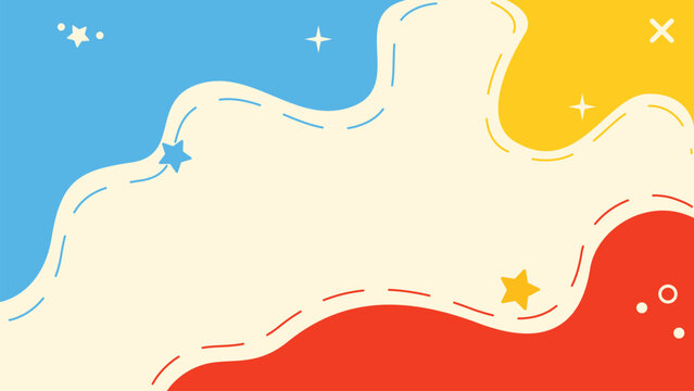Abstract wavy organic frame background vector illustration with dashed line, stars, memphis doodle elements for presentation, banner, poster, copy space, and back to school layout.