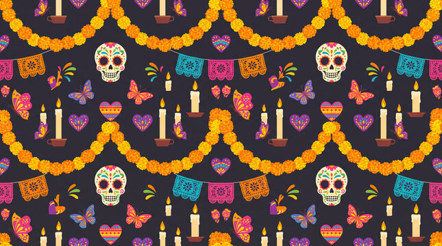 Radiant Day of the Dead pattern background with marigold garlands, sugar skulls, papel picado, candles, butterflies and hearts for cards and banners.