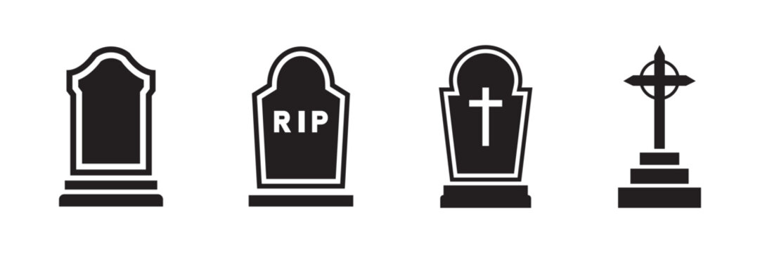 Clean, modern tombstone icon with classic RIP and christian cross engraving details. Minimal vector icons for mobile UI, web design, and digital media. Eps10.