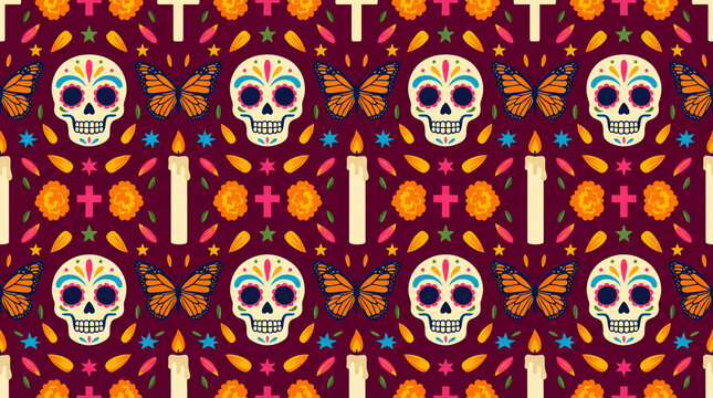 Elegant Day of the Dead pattern background with sugar skulls, monarch butterflies, marigold petals, candles, crosses and stars for cards and posters.