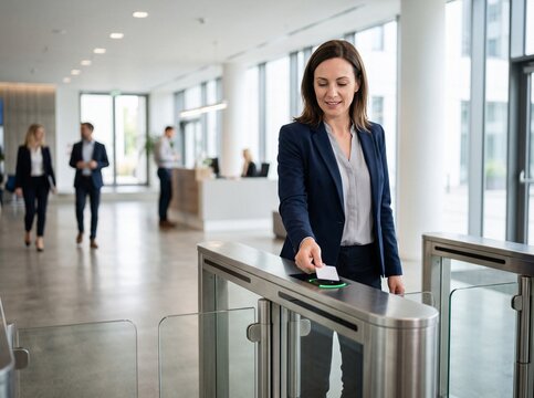 Professional businesswoman using RFID smart card at modern office glass turnstile gate