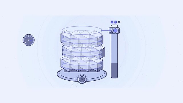 Abstract animated pallet wrapped on a turning table drawn as blue and cyan lines and shapes on a bright, clean light background. Seamless looping 4K motion graphics video with free space for text, ide