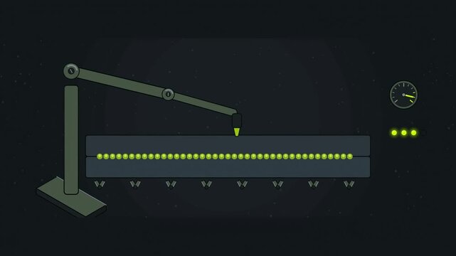 Abstract animated robot running a seam weld drawn as green and teal lines and shapes on a deep dark background. Seamless looping 4K motion graphics video with free space for text, ideal for industry e