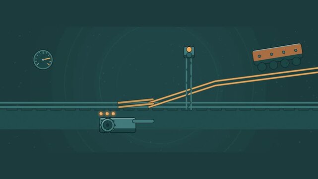 Abstract animated rail switch throwing to the other route drawn as green and teal lines and shapes on a deep dark background. Seamless looping 4K motion graphics video with free space for text, ideal 