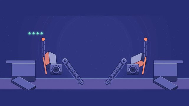 Abstract animated drawbridge leaves lifting apart drawn as blue and cyan lines and shapes on a deep dark background. Seamless looping 4K motion graphics video with free space for text, ideal for indus