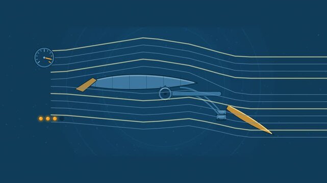 Abstract animated wing flaps extending along their tracks drawn as blue and cyan lines and shapes on a deep dark background. Seamless looping 4K motion graphics video with free space for text, ideal f