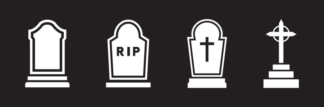 Simple white cemetery headstone set on black background. Minimalist vector graphics representing graves, death, and graveyard elements. Vector illustration.