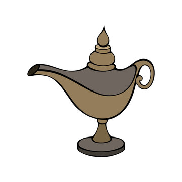 Golden magic genie oil lamp vector illustration isolated on transparent background for Arabian night fantasy story concept design