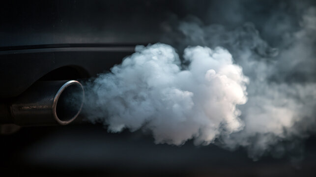 Thick white smoke billows from a car exhaust pipe during engine idling. Environmental pollution concept for automotive emissions and climate change.