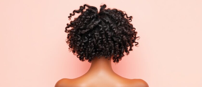 Human showing natural dark coily hair texture from behind. Bare shoulders visible against a soft pink background. Healthy beautiful curls.