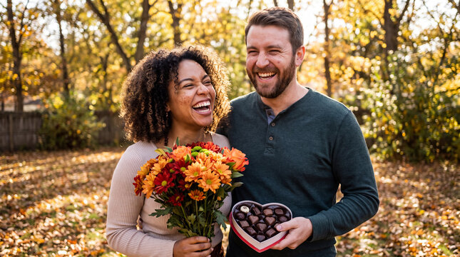 A cheerful Caucasian couple holding flowers and candy in a sunny autumn backyard for Sweetest Day, great for romantic social media posts.