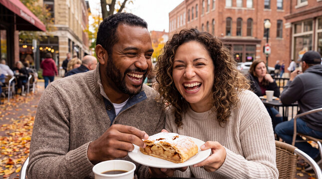 A romantic Latino couple sharing dessert at an outdoor cafe for Sweetest Day, perfect for date and autumn social media marketing.