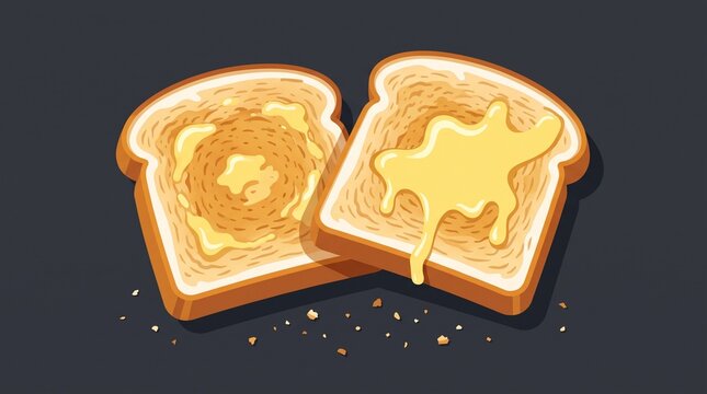 Golden toasted white bread with melting butter, crispy edges and soft center, presented in a bold flat illustration with strong modern contrast.
