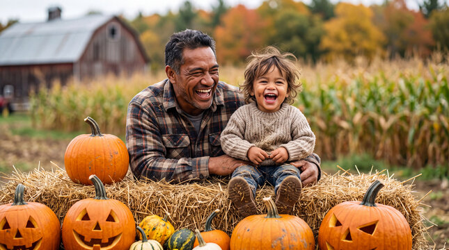 A playful Polynesian father and toddler laughing on a hay bale surrounded by pumpkins at an autumn farm, perfect for fall marketing.