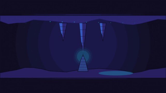 Abstract animated stalactite growing drop by drop drawn as blue and cyan lines and shapes on a deep dark background. Seamless looping 4K motion graphics video with free space for text, ideal for scien
