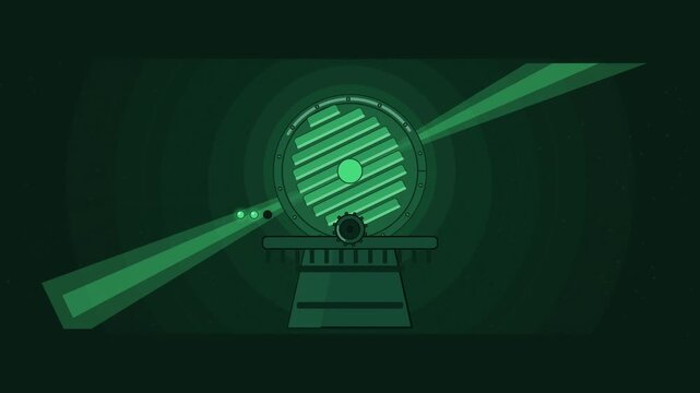 Abstract animated fresnel lens turning in a lighthouse drawn as green and teal lines and shapes on a deep dark background. Seamless looping 4K motion graphics video with free space for text, ideal for